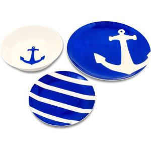 imageCamco 12 Piece Melamine Dishware Set  Features Blue and White Nautical Design  Includes 4 Bowls 4 Salad Plates ampamp  Dinner Plates  Dishwasher Safe Dish Set 41951One Size