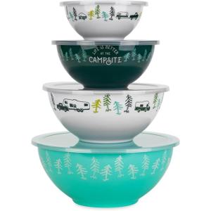 imageCamco Nesting Bowl Set with Lids  Features Life is Better at The Campsite Design  Camping Dishware Set Includes 4 Durable Melamine Bowls with 4 Plastic Lids  Camping Kitchen Essentials53451Multi Size
