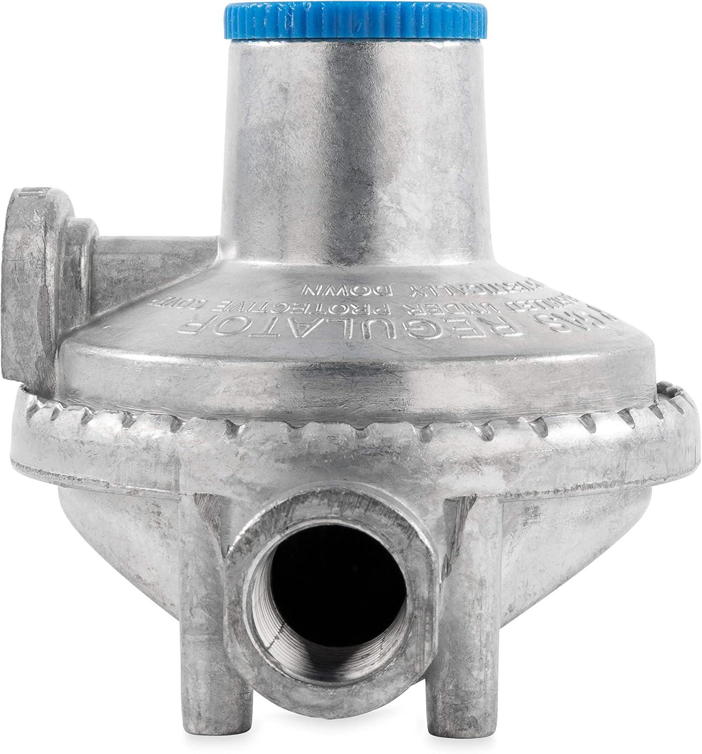 imageCamco Horizontal Two Stage Propane Regulator  Compatible with 20 lb or 30 lb Propane Tanks with ACME Threads  14inch Female NPT inlet and 38inch Female NPT outlet 59323Horizontal Mount with POL