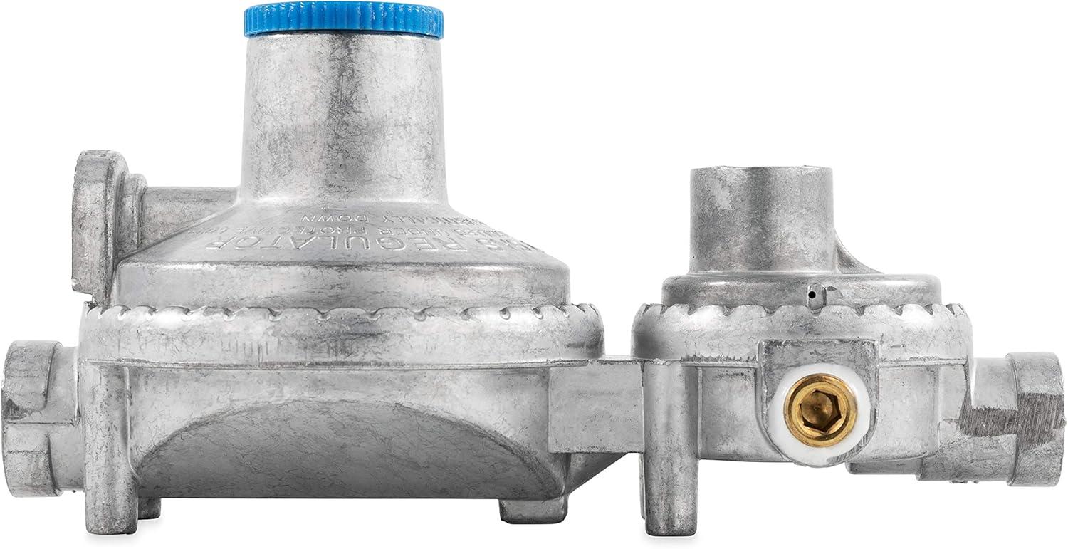 imageCamco Horizontal Two Stage Propane Regulator  Compatible with 20 lb or 30 lb Propane Tanks with ACME Threads  14inch Female NPT inlet and 38inch Female NPT outlet 59323Vertical Mount