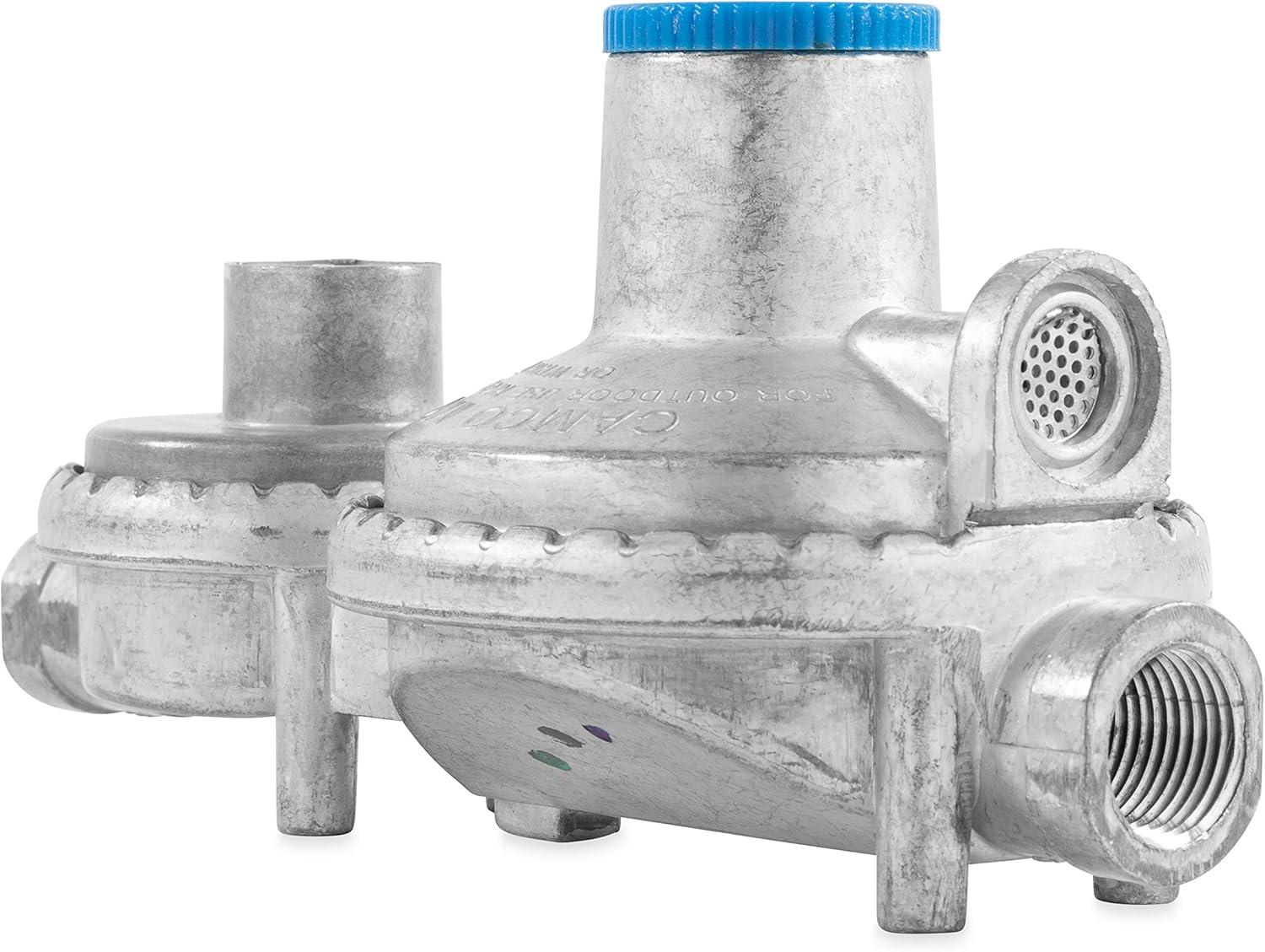 imageCamco Horizontal Two Stage Propane Regulator  Compatible with 20 lb or 30 lb Propane Tanks with ACME Threads  14inch Female NPT inlet and 38inch Female NPT outlet 59323Vertical Mount