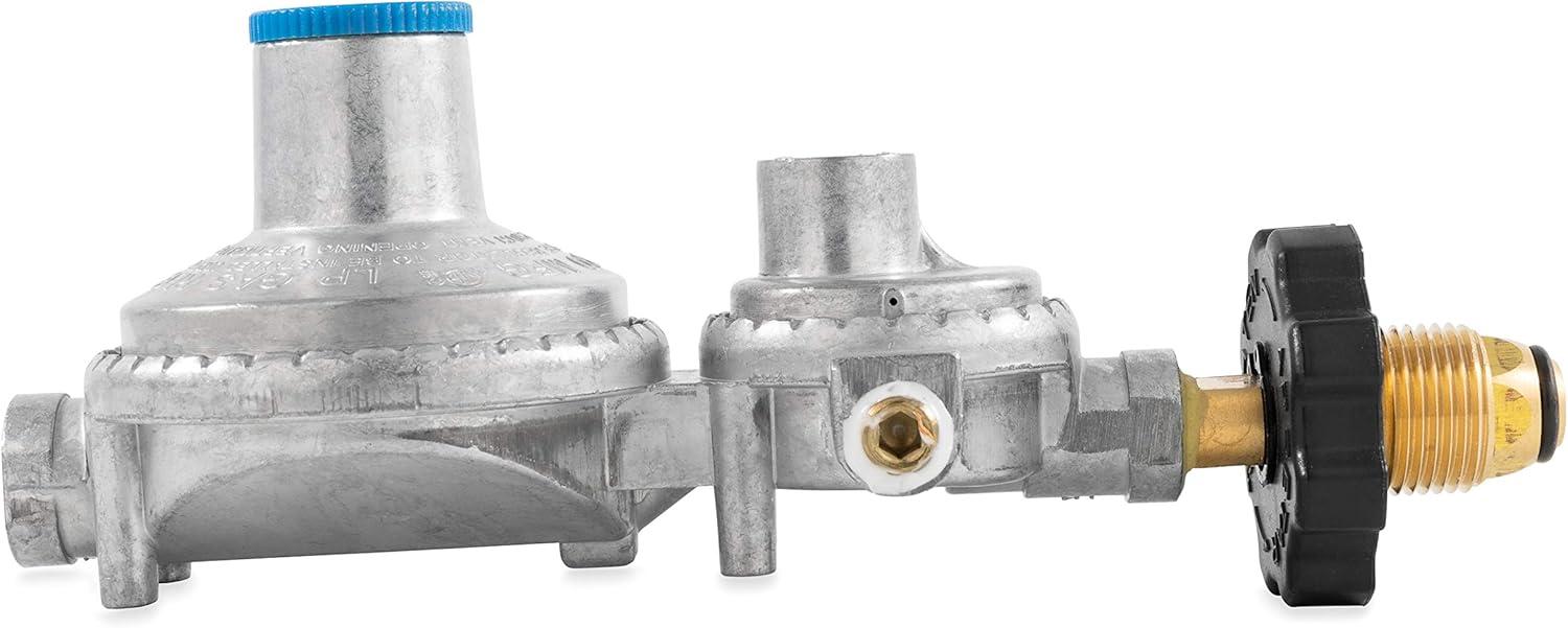 imageCamco Horizontal Two Stage Propane Regulator  Compatible with 20 lb or 30 lb Propane Tanks with ACME Threads  14inch Female NPT inlet and 38inch Female NPT outlet 59323Horizontal Mount with POL