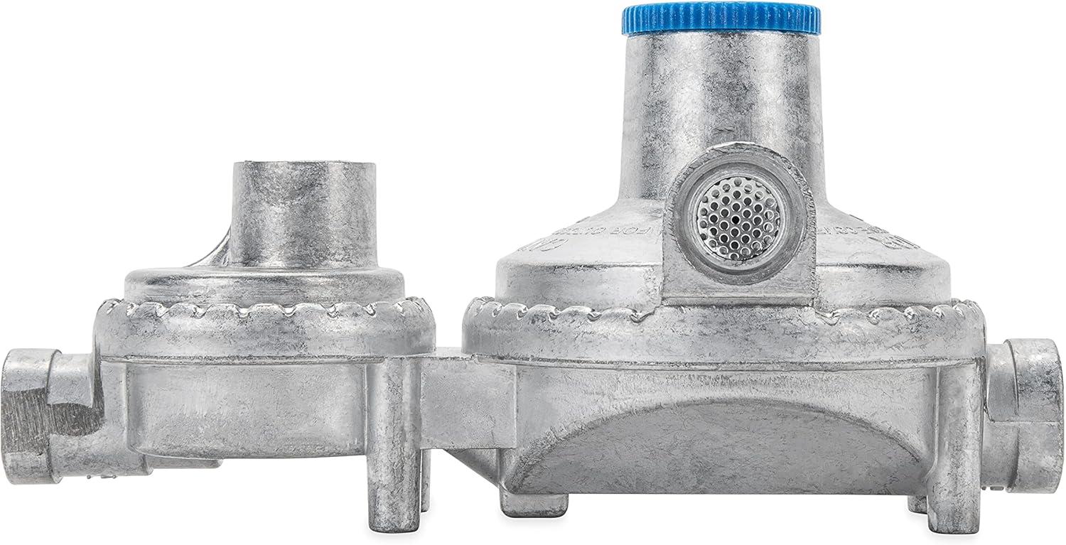 imageCamco Horizontal Two Stage Propane Regulator  Compatible with 20 lb or 30 lb Propane Tanks with ACME Threads  14inch Female NPT inlet and 38inch Female NPT outlet 59323Horizontal Mount without POL