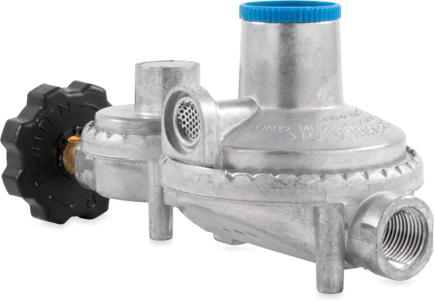imageCamco Horizontal Two Stage Propane Regulator  Compatible with 20 lb or 30 lb Propane Tanks with ACME Threads  14inch Female NPT inlet and 38inch Female NPT outlet 59323Horizontal Mount with POL