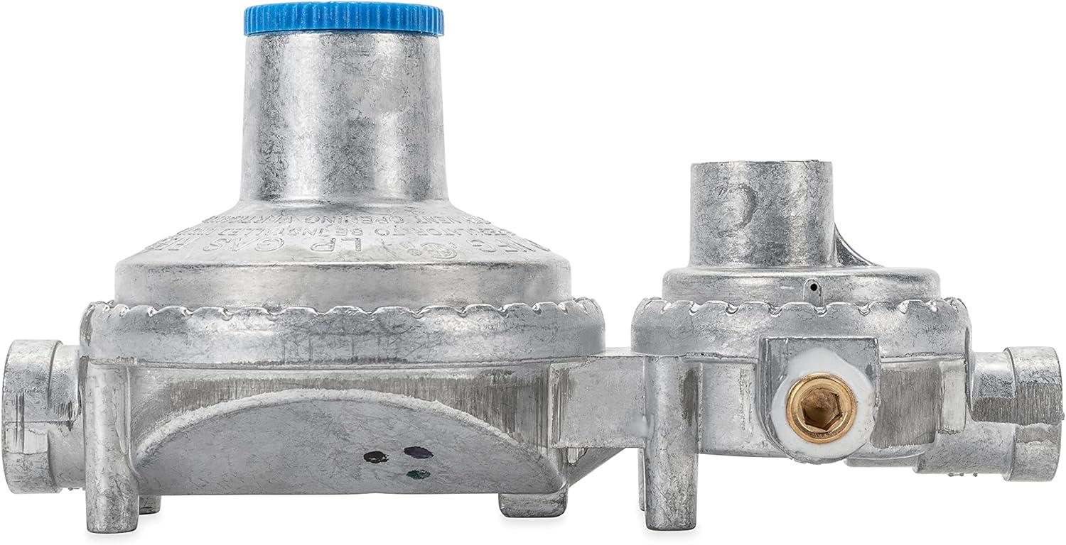 imageCamco Horizontal Two Stage Propane Regulator  Compatible with 20 lb or 30 lb Propane Tanks with ACME Threads  14inch Female NPT inlet and 38inch Female NPT outlet 59323Horizontal Mount without POL