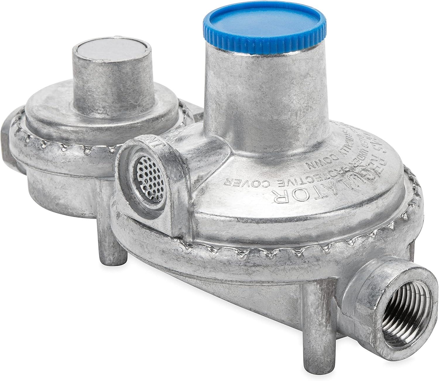 imageCamco Horizontal Two Stage Propane Regulator  Compatible with 20 lb or 30 lb Propane Tanks with ACME Threads  14inch Female NPT inlet and 38inch Female NPT outlet 59323Horizontal Mount without POL
