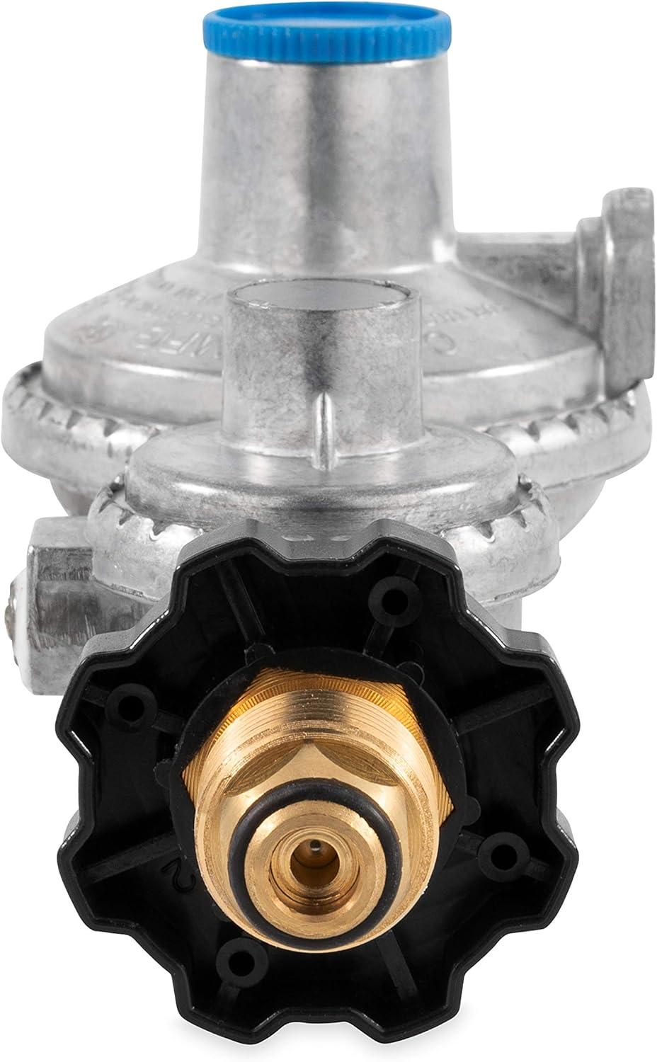 imageCamco Horizontal Two Stage Propane Regulator  Compatible with 20 lb or 30 lb Propane Tanks with ACME Threads  14inch Female NPT inlet and 38inch Female NPT outlet 59323Horizontal Mount with POL