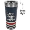 imageCamco Life is Better at The Campsite Tumbler  Heavy Duty Double Wall Vacuum Insulation  Crafted of 188 Stainless Steel  Unique Life is Better at The Campsite Design on Coral Pink  20oz 53061TanRed Stripes