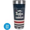 imageCamco Life is Better at The Campsite Tumbler  Heavy Duty Double Wall Vacuum Insulation  Crafted of 188 Stainless Steel  Unique Life is Better at The Campsite Design on Coral Pink  20oz 53061TanRed Stripes