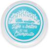 imageCamco Life is Better at The Campsite Large Dinner Plate  White with Teal and Navy Retro RV Camper and Trailer Print BPA Free Melamine 53227