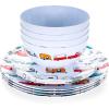imageCamco Life is Better at the Campsite Dishware Set  Includes 4 large dinner plates 4 small salad plates and 4 bowls  Top rack dishwasher safe  Multicolor RV and truck design 53295