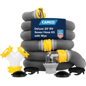 imageCamco 39665 Deluxe 10 Sewer Hose Extension  Heavy Duty Design with Swivel Fittings Easy To Use and Compresses For Simple Storage Storage Caps Included Gray20 Sewer Hose Kit with Wye Connector