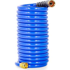 imageCamco 40 Coiled Water Rust Resistant Brass Fittings Hose Design Prevents Kinking and Tangling for Car Washing and Gardening 41985 BlueOne Size