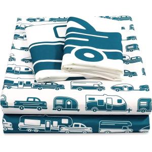 imageCamco Camper ampamp RV Queen Sheet Set  Features Travel Trailer Print Design  Crafted of Soft Machine Washable Polyester  4 Piece Set Includes Fitted Sheet Flat Sheet ampamp 2 Pillowcases 53299Blue Rv Print