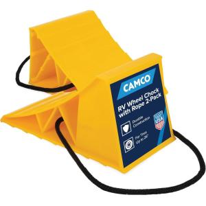 imageCamco Camper ampamp RV Wheel Chock with Rope  Keeps Trailer inPlace to Safely Unhitch or Park  Compatible with Wheels Up to 26 in Diameter ampamp Molded of HeavyDuty Hard Plastic  2Pack  44471w Rope Design