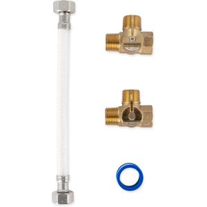 imageCamco CamperRV Water Heater ByPass Kit  Designed to ByPass Camper Water Heater During RV Winterizing  Features 8Inch Nylon Reinforced Hose with 2 Brass Valves 35953