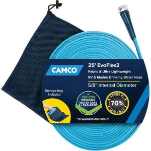 imageCamco EVOFlex 25Ft RV Drinking Water Hose  Features Extra Flexible Design wStainless Steel Strain Relief Ends  LeadFree BPAFree and PhthalateFree  58 Inside Diameter 2259125foot