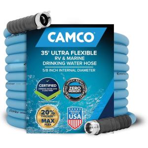 imageCamco EVOFlex 25Ft RV Drinking Water Hose  Features Extra Flexible Design wStainless Steel Strain Relief Ends  LeadFree BPAFree and PhthalateFree  58 Inside Diameter 2259135Foot