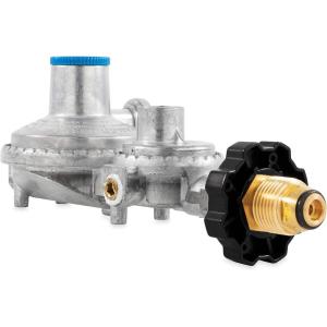 imageCamco Horizontal Two Stage Propane Regulator  Compatible with 20 lb or 30 lb Propane Tanks with ACME Threads  14inch Female NPT inlet and 38inch Female NPT outlet 59323Horizontal Mount with POL
