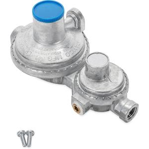 imageCamco Horizontal Two Stage Propane Regulator  Compatible with 20 lb or 30 lb Propane Tanks with ACME Threads  14inch Female NPT inlet and 38inch Female NPT outlet 59323Horizontal Mount without POL
