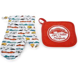 imageCamco Life is Better at The Campsite Heat Resistant Oven Mitt and Pot Holder Set Pattern Design Excellent for RV Kitchens Camping and More 53259Multicolor Oven Mitt  Red Pot Holder