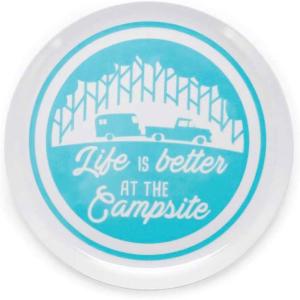 imageCamco Life is Better at The Campsite Large Dinner Plate  White with Teal and Navy Retro RV Camper and Trailer Print BPA Free Melamine 53227