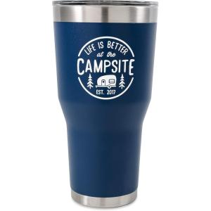 imageCamco Life is Better at The Campsite Tumbler  Heavy Duty Double Wall Vacuum Insulation  Crafted of 188 Stainless Steel  Unique Life is Better at The Campsite Design on Coral Pink  20oz 53061Navy