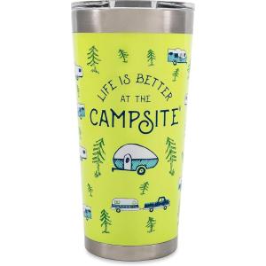 imageCamco Life is Better at The Campsite Tumbler  Heavy Duty Double Wall Vacuum Insulation  Crafted of 188 Stainless Steel  Unique Life is Better at The Campsite Design on Coral Pink  20oz 53061Green RV Sketch