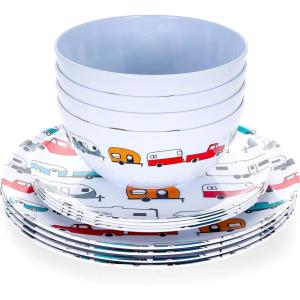 imageCamco Life is Better at the Campsite Dishware Set  Includes 4 large dinner plates 4 small salad plates and 4 bowls  Top rack dishwasher safe  Multicolor RV and truck design 53295