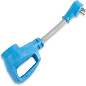imageCamco PowerGrip Dogbone Adapter  Features HeavyDuty PVC Sheath Construction a 15AMP Male and a 50AMP Female Connection and is Rated for 125 Volts 55446