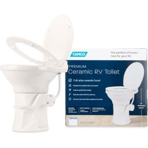 imageCamco Premium Ceramic CamperRV Toilet  Features Gravity Flush System wConvenient Foot Pedal  FullSized Ergonomic Design w18quot Chair Height  SoftClose Wood Seat ampamp Lid  White 41710Bone