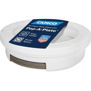 imageCamco 9inch PopAPlate Plastic Plate Dispenser  Ideal for Compact Spaces RVs and Trailers  Mounts Under Cabinets or Shelves  White 570019