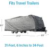 imageCamco Premium RV Cover Fits Travel Trailers 31feet 6inches to 34feet Extremely Durable Design That Protects Against The Elements Dark Gray with a RV Pattern Print 5639031ft 6in to 34ft