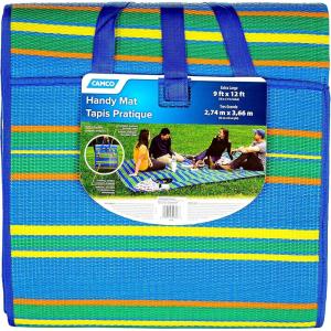 imageCamco 9x12 Handy Mat with Strap  Perfect for picnics Beaches RVing and outings  Reversible Blue Green and Yellow Striped Pattern 42816