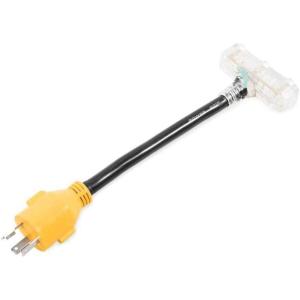 imageCamco PowerGrip CamperRV Locking Generator Adapter  Features 10Gauge STW Cord amp 30Amp Locking Male End  Converts a 30Amp 4Wire Locking Plug to 3 Household 15Amp Outlets 55413One Size