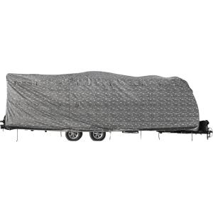 imageCamco Premium RV Cover Fits Travel Trailers 31feet 6inches to 34feet Extremely Durable Design That Protects Against The Elements Dark Gray with a RV Pattern Print 5639024 to 26ft