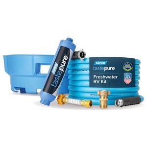 image:imageCamco Tastepure RV Freshwater Kit  Includes Tastepure RV Water Filter Flexible Hose Protector EvoFlex 25 Drinking Water Hose Brass RV Water Pressure Regulator amp Carrying Basket 20160